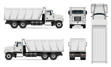 Vector Dump Truck Template For Car Branding And Advertising. Tipper Truck Set On White Background. All Layers And Groups Well Organized For Easy Editing And Recolor. View From Side, Front, Back, Top.