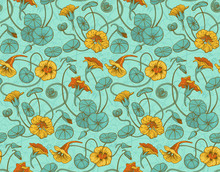 Seamless Vector Pattern With Red And Yellow Nasturtium Flowers And Leaves On Turquoise Background