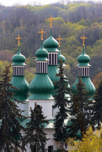 Green Cupolas Of Holy Trinity Church At Kitaevo Monastery In Kiev, Ukraine