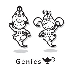 Two genie - male and female in the smoke. Vector icon, monochrome isolated illustration. Cartoon characters.