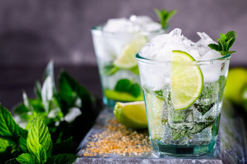 Mojito Cocktail.Mint, lime, ice ingredients for making  and bar utensils.Cold Drink.Top View.Copy space for Text.selective focus.