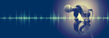 Studio Microphone And Sound Waves.Sound Engineering And Karaoke Background.Music And Radio Concept Banner