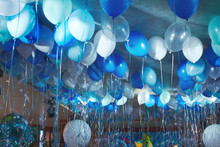 Festive Decorated Selling With Blue Tone Helium Balloons, Birthday Party