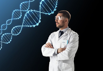 Canvas Print - scientist in lab coat and safety glasses with dna