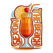 Vector illustration of alcohol Cocktail Sex On The Beach: glass with layered summer tropical cocktail, logo with lettering font title - sex on the beach, exotic orange long drink on white background.