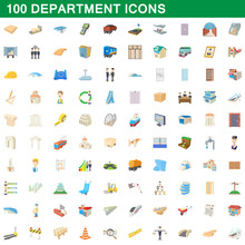 100 Department Icons Set, Cartoon Style