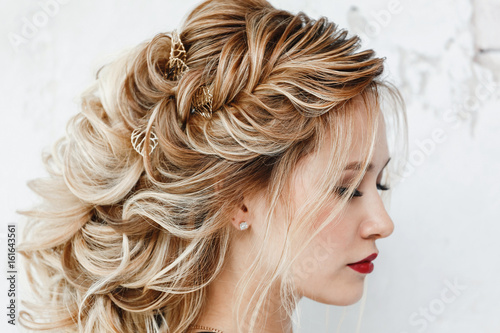 Beautiful Woman With Dyed Hair With Evening Hairstyle Greek Braid