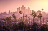 Fototapeta  - Beautiful sunset of Los Angeles downtown skyline and palm trees in foreground
