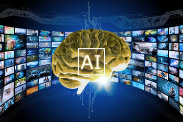 Poster - AI (Artificial Intelligence) concept. 3D rendering virtual brain and visualized memories. Cloud computing. Big data. futuristic abstract. 