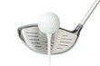 Action of golf club and golf ball on tee with white background, golf concept.