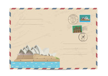 Australian Vintage Postal Envelope With Modern Architectural Composition, Postage Stamps And Postmarks On White Background Vector Illustration. Airmail Postal Services. Envelope Delivery.
