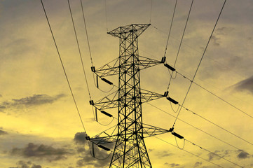 Silhouette of high voltage electrical pole structure