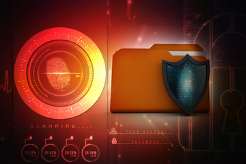Poster - laptop folder with shield. Isolated 3d rendering image