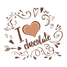 Vector Typographic Banner I Love Chocolate Decorated Abstract Hand Drawn Ornament On Brown Chocalate Colors