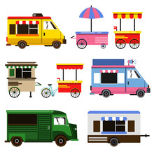 Set Of Food Trucks And Bicycles For Commercial Use. Vector Illustration Set