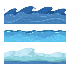 Wall Mural - ocean or sea water waves. vector set of horisontal seamless patterns for ui games