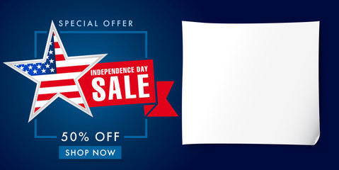 Wall Mural - Independence day USA big sale template on dark background. United States discounts. Traditional patriotic stars, celebrating labels, web banners, fourth of July offer, % off ad, clean piece of paper.