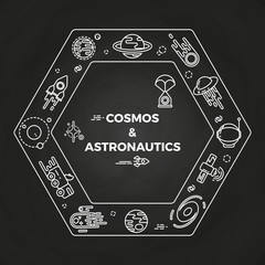Sticker - line art planets, rockets, asteroids