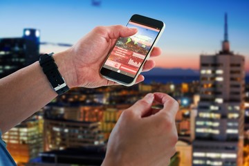 Poster - Composite 3d image of close-up of man holding mobile phone