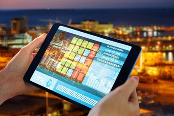 Poster - Composite 3d image of hands holding tablet