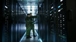 © Gorodenkoff - In Data Center Two Military Men Work with Open Server Rack Cabinet. One Holds Military Edition Laptop.