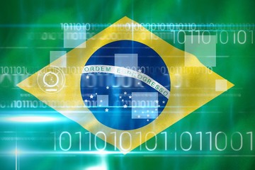 Poster - Composite 3d image of blue technology design with binary code