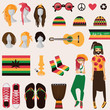 Rastafarian subculture. Couple of young rastaman woman and man with dreadlocks in rasta clothes, set of different objects isolated on background as sneakers, bong, guitar, hairstyles for her and him