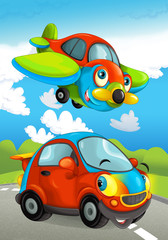 Cartoon sports car smiling and looking on the road and plane flying over - illustration for children