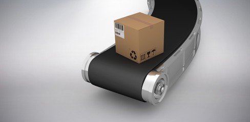 Poster - Composite 3d image of coardboard box on conveyor belt