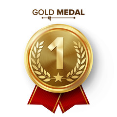 Poster - Gold 1st Place Medal Vector. Metal Realistic Badge With First Placement Achievement. Round Label With Red Ribbon, Laurel Wreath, Star. Winner Honor Prize. Competition Game Golden Winner Trophy Award