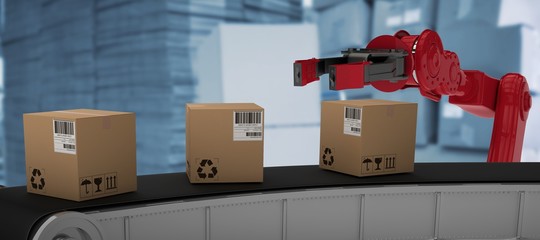 Poster - composite image of cardboard boxes on 3d production line