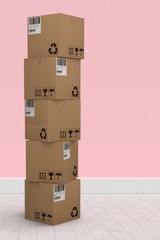 Poster - Composite image of stack of cardboard boxes on white background