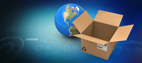 Poster - Composite image of 3d image of globe by empty cardboard box