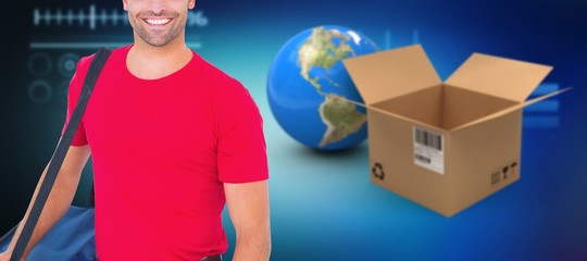 Poster - Composite 3d image of pizza delivery man holding bag