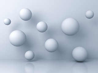 Aufkleber - Abstract white flying 3d spheres on white background with reflection and shadows. 3D rendering.