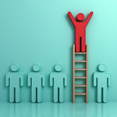 Aufkleber - Stand out from the crowd and different concept , One man climbing ladder to standing on top above other green people on light green background with reflection and shadows. 3D rendering.