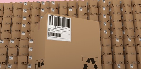 Poster - Recycle icon and barcode on packed cardboard 
