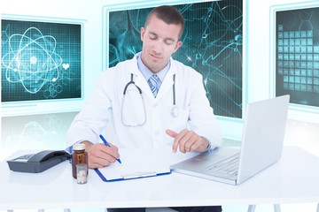 Sticker - Composite 3d image of male doctor writing while sitting by desk