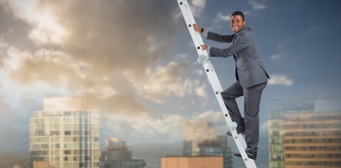 Poster - Composite image of businessman climbing up ladder