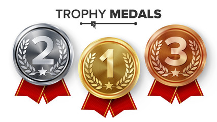 gold, silver, bronze medals set vector. metal realistic badge with first, second, third placement ac