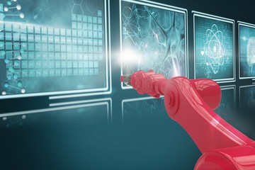 Poster - Composite 3d image of red robotic hand with bulb 