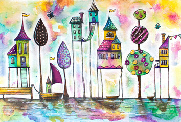 Watercolor magical houses (city, street). Hand drawn illustration.