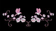 Embroidery cherry or sakura branch blossom and flying birds, symmetrical ornament for decoration of clothes.