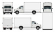 Van template for car branding and advertising. Isolated freight delivery truck set on white. All layers and groups well organized for easy editing and recolor. View from side, front, back, top.