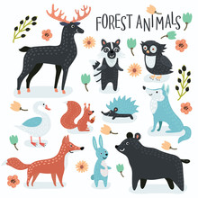 Forest Funny Cartoon Animals Set In Vintage Colors Decorated With Floral Elements