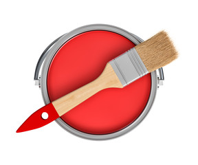 3d rendering of a red paint jar and a wooden brush with a red handle in top view on white background