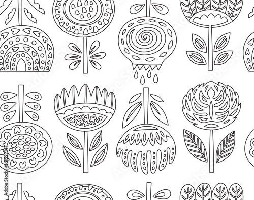 Fotografija Outline seamless pattern with scandinavian flowers