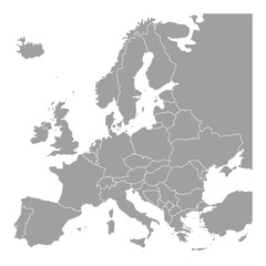 Canvas Print - Blank map of Europe. Simplified vector map in grey with white borders on white background.