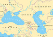 Black Sea and Caspian Sea region political map with capitals, international borders, rivers and lakes. Bodies of water between Eastern Europe and Western Asia. Illustration. English labeling. Vector.