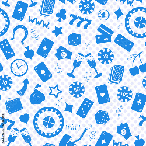Seamless pattern on the theme of gambling and money, a blue silhouettes of icons плакат